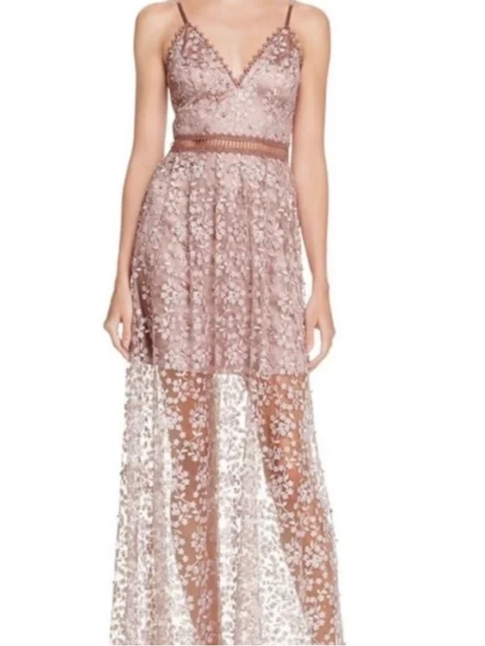 NWT Bloomingdale’s AQUA Lace Overlay Beaded Maxi Dress in Dusty Rose